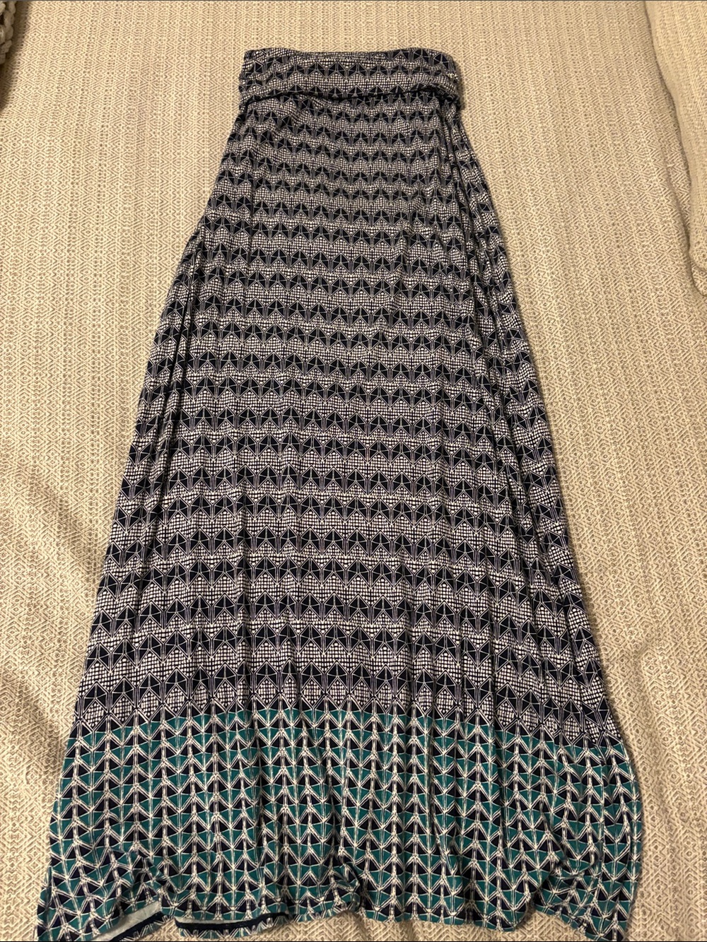 Max Studio Navy and Teal Geometric Maxi Skirt